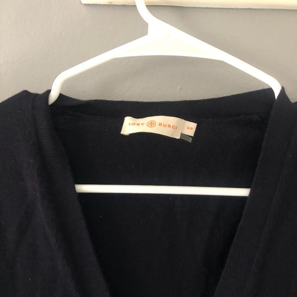 Tory Burch Navy Blue 100% Merino Wool V-Neck Cardigan Small Gold Logo Buttons - Picture 4 of 10
